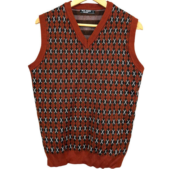 Paul Jones Sleeveless Argyle Sweater Vest V-Neck Sleeveless Pullover Brown sz M - Picture 1 of 16